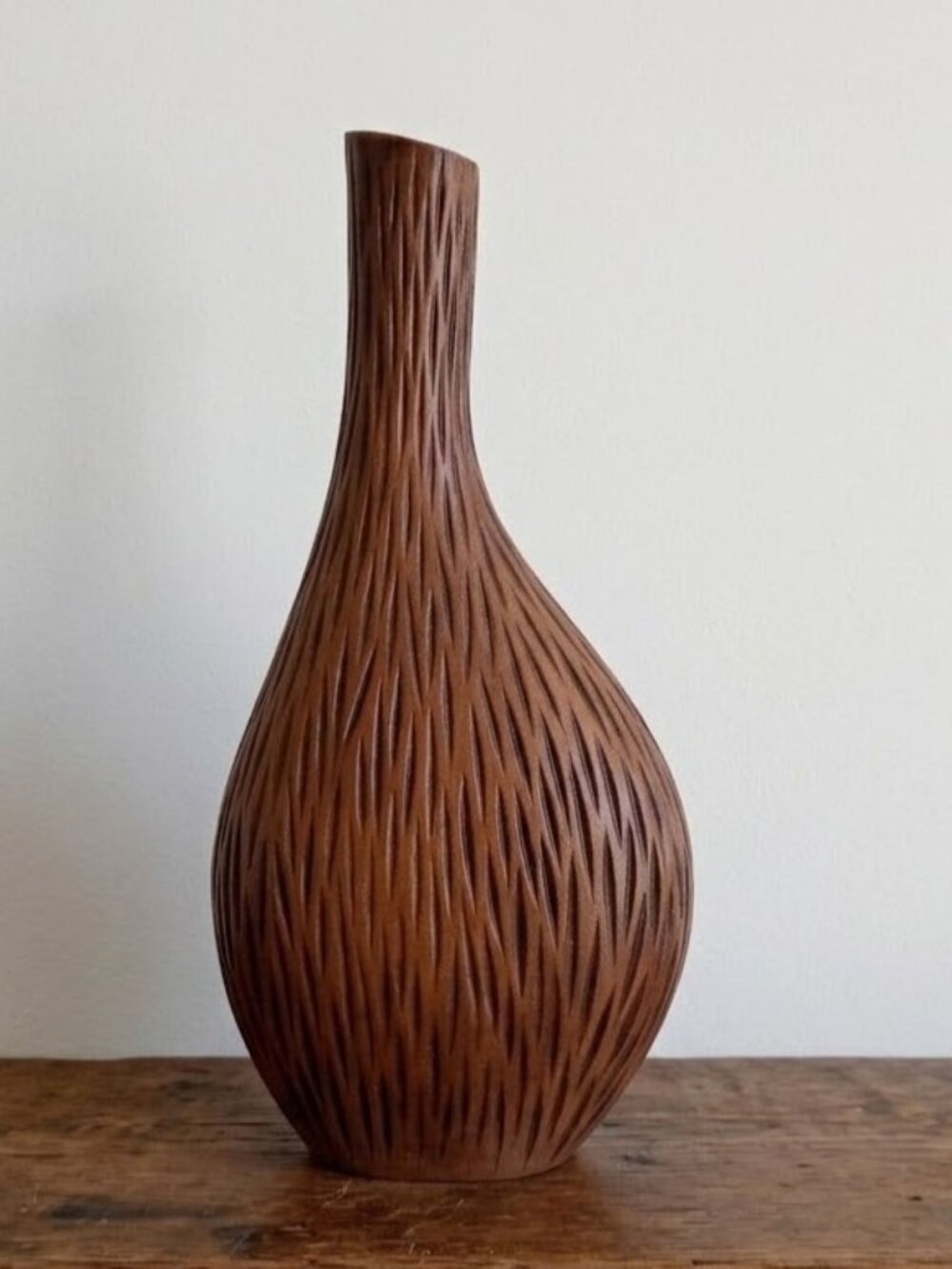 Vintage Faux Wood Acrylic Vase Mid-Century Modern Boho Style Carved Look 17.5"